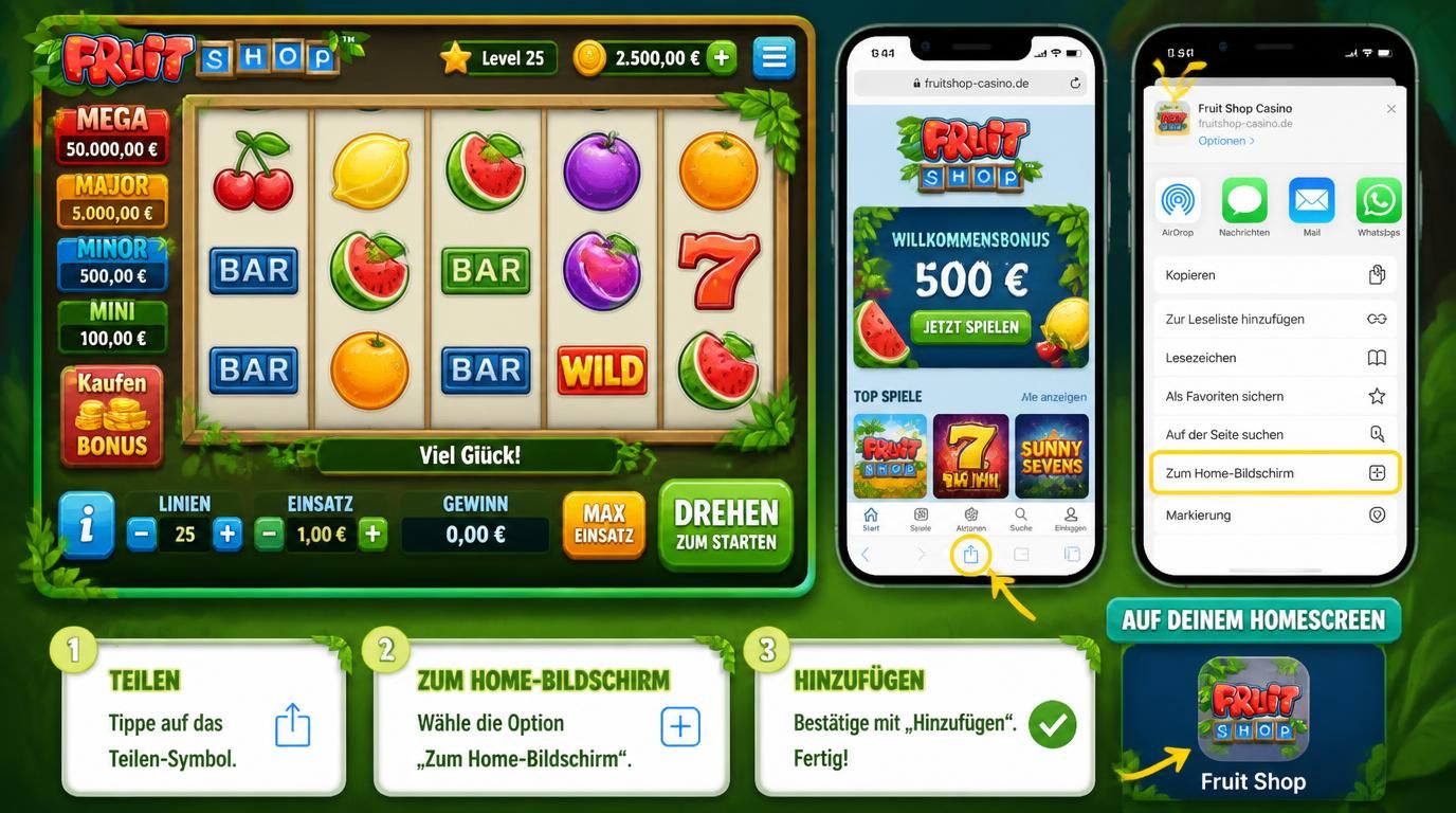 iPhone Homescreen mit Fruit Shop Icon und Safari Teilen-Symbol zur Installation